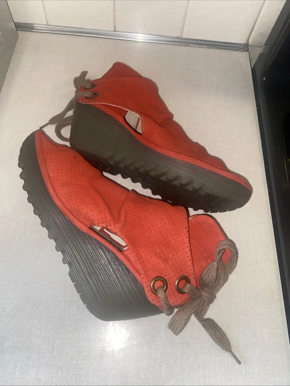 Fly London Lace Up Open Toe Wedge Sandals Red Suede Womens 37 US 6 6.5